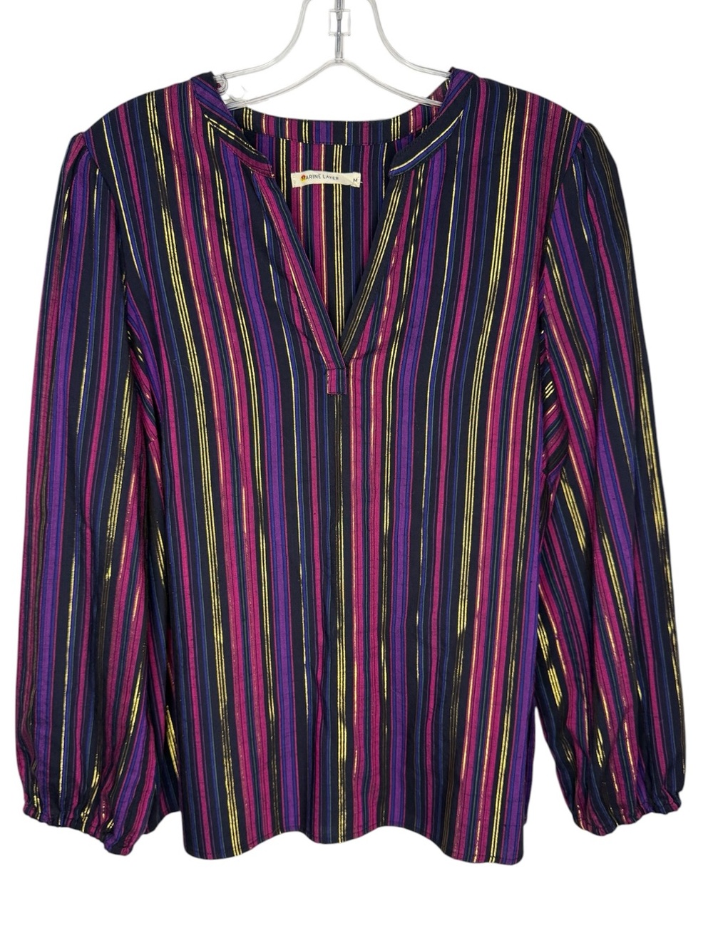 Marine Layer Jamie Banded Collar Top Lurex Metallic Multi-Stripe V-Neck Medium